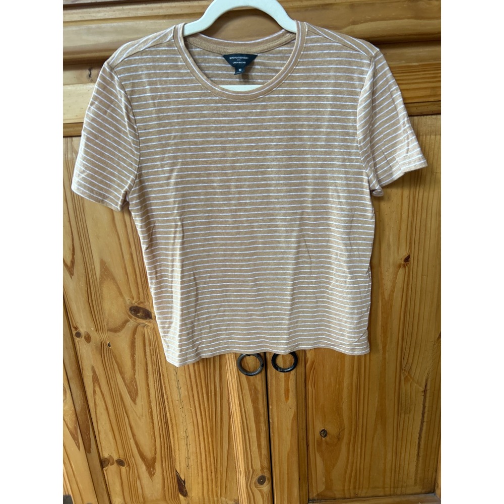 Banana Republic Womens Tan White  Striped Linen Blend Short Sleeve Shirt Size M